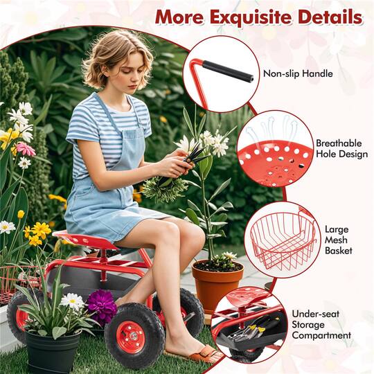 Costway Garden Cart Rolling Work Seat Wagon Scooter for Planting with Extendable Handle
